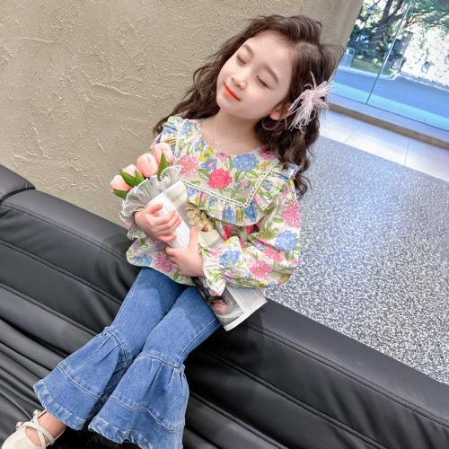 Ladies' Spring and Autumn Season Floral Set 2024 New Trendy Baby Girl Long Sleeve Shirt and Denim Jeans Two-Piece Set Fashion