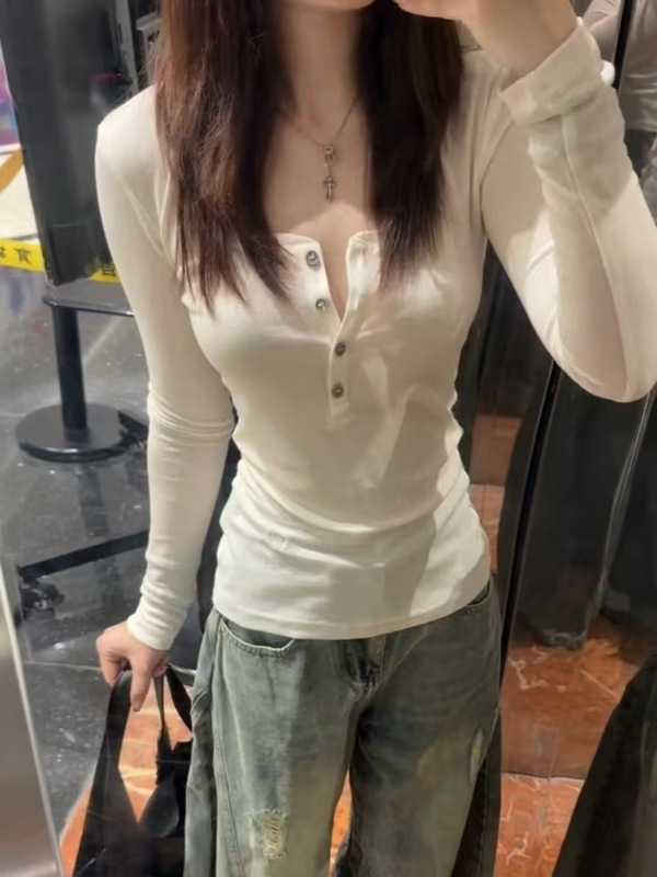 美式辣妹白色半开领长袖t恤女早秋季单穿薄款巨好看打底衫上衣潮|undefined