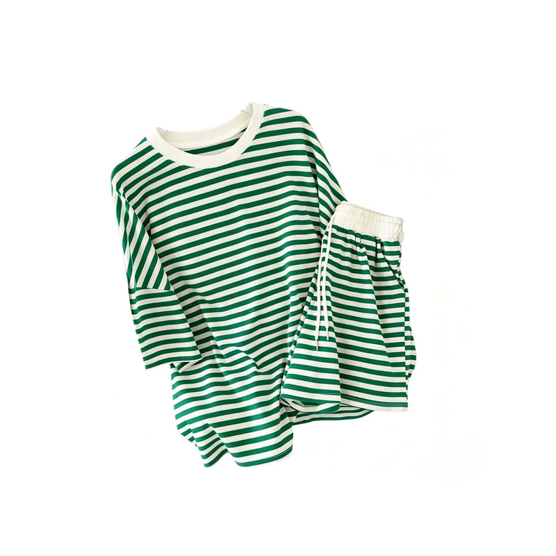 Ins Plus Size Girls Suit Stripesd Round Neck T-Shirt + Shorts Tweed Style Two-Piece Fashion Casual Sports Suit