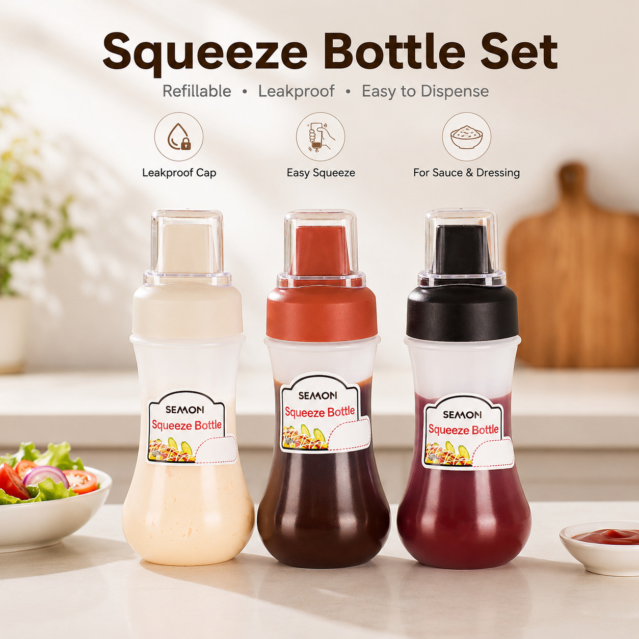 Botella de salsa de ensalada con salsa de tomate extrusada Botella de salsa de cocina con cubierta a prueba de polvo Botella de condimento de escala de cinco agujeros Botella de salsa de alimentos extrusada