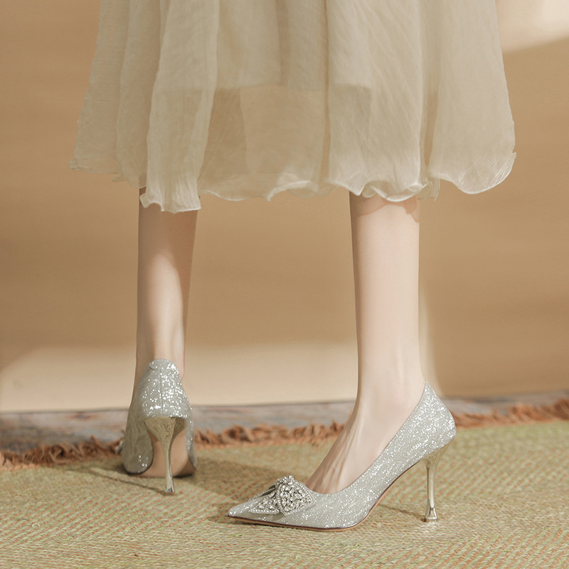 Gold Sequin Wedding Shoes with Bow, Shallow High Heels, Stiletto Heels, Pointed Toe, New French Crystal Shoes, Wedding Bride Shoes
