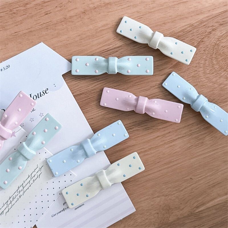New Early Spring Milk Blue Dotted Long Bow Duckbill Clip Ins Simple Girly Side Hairpin for Bangs