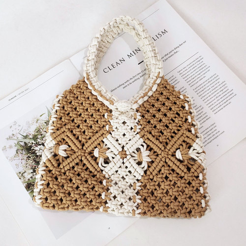  New Cotton Rope Woven Bag Ladies Hand-held Cute Small Bag Ins Style Hollow Net Bag Beach Vacation Women's Bag