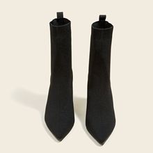 法式粗跟显瘦高跟瘦瘦靴2025秋冬新款舒适百搭针织尖头袜靴弹力靴