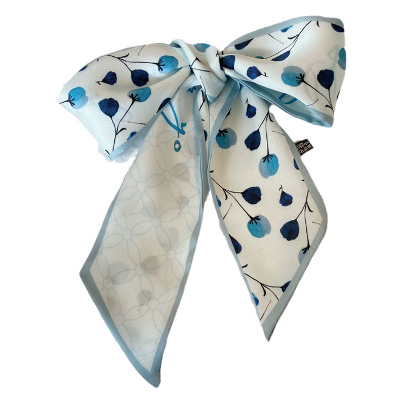 Маленький шелковый шарф с синим цветком, Женская длинная винтажная повязка для волос с галстуком во французском стиле, декоративная лента, универсальная многофункциональная сумка для весны и осени