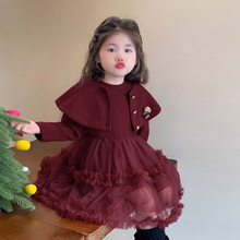 女童加绒连衣裙秋冬款洋气红色毛衣裙纱裙冬装儿童小熊披肩公主裙