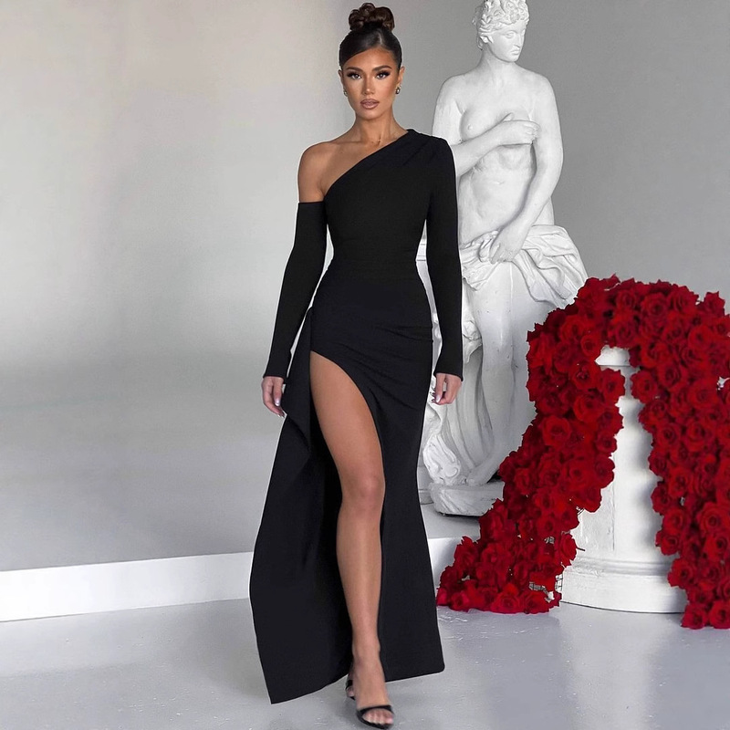 Independent Station Hot Selling Women's Sexy One-Shoulder Long-Sleeved High Slit Long Dress Wedding Guest Party Evening Dress