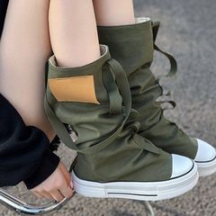 小众设计感高帮帆布鞋女2025新款秋冬中筒裤管堆堆靴厚底短靴