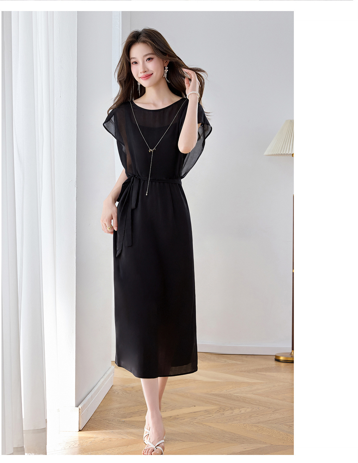 Đầm maxi nữ thắt eo thiết kế tân cổ điển cao cấp — màu đen, Chấm tròn chi tiết 18