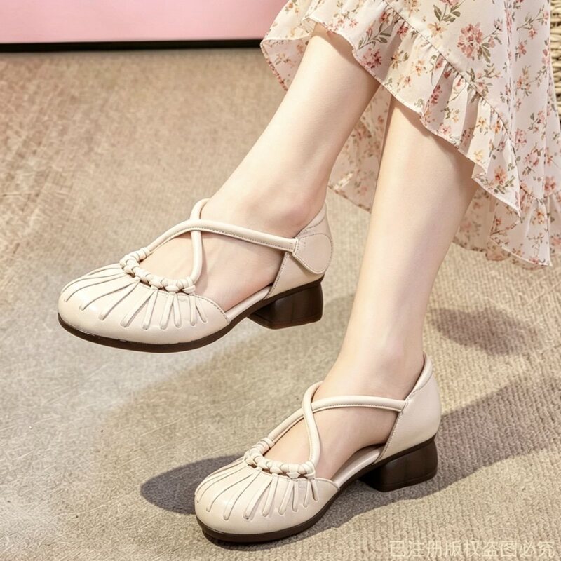 Soft Leather Cross-Strap Women's Sandals, Chunky Heel Soft Sole Hollow Shoes, Ethnic Style Retro Breathable Mom Shoes Soft Leather Cross-Strap Women's Sandals, Chunky Heel Soft Sole Hollow Shoes, Ethnic Style Retro Breathable Mom Shoes