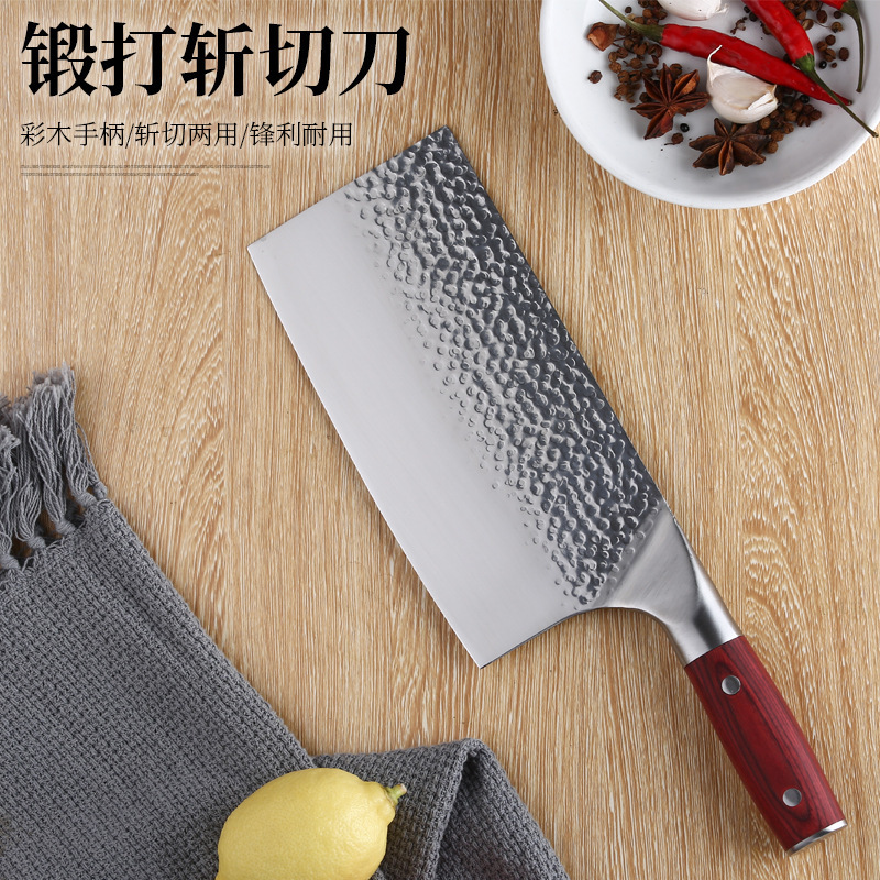 Fábrica directa mango de madera de color de cocina cortar huesos cortar verduras afiladas cuchillo casero martillo de acero inoxidable forjado cortador