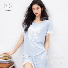 美式短袖女夏季原创新款蝴蝶结蕾丝家居服睡衣修身显瘦设计感上衣