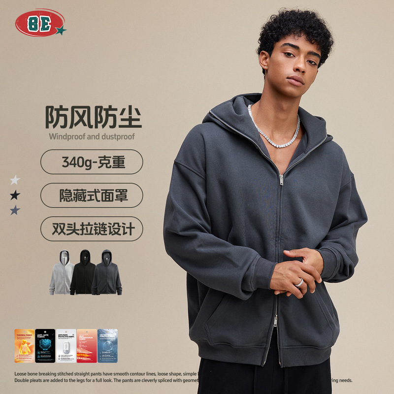 Be Men's Clothing 2025 Autumn/Winter Mountain Style Trendy Fleece Oversized Hooded Sweatshirt High Street Sports Windproof Mask Zipper Jacket for Men Be Men's Clothing 2025 Autumn/Winter Mountain Style Trendy Fleece Oversized Hooded Sweatshirt High Street Sports Windproof Mask Zipper Jacket for Men