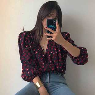 South Korea Summer Vintage Print Shirt Women's Collar Chiffon Shirt Chiffon Shirt Women