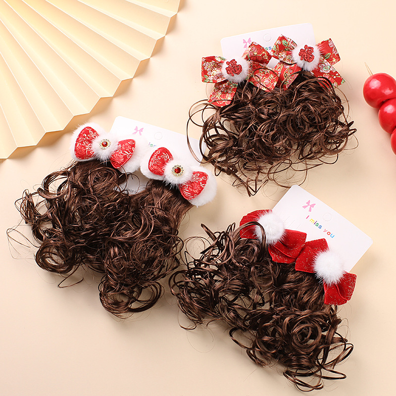 New Year's Chinese style wig clip-on children's Hanfu headdress bow tassel hairpin ancient style red festive hair accessories