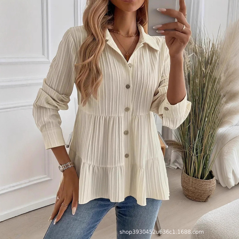 Spot European and American Cross-Border Foreign Trade Amazon Aliexpress New Solid Color Casual Texture Long-Sleeved Button-Down Shirt
