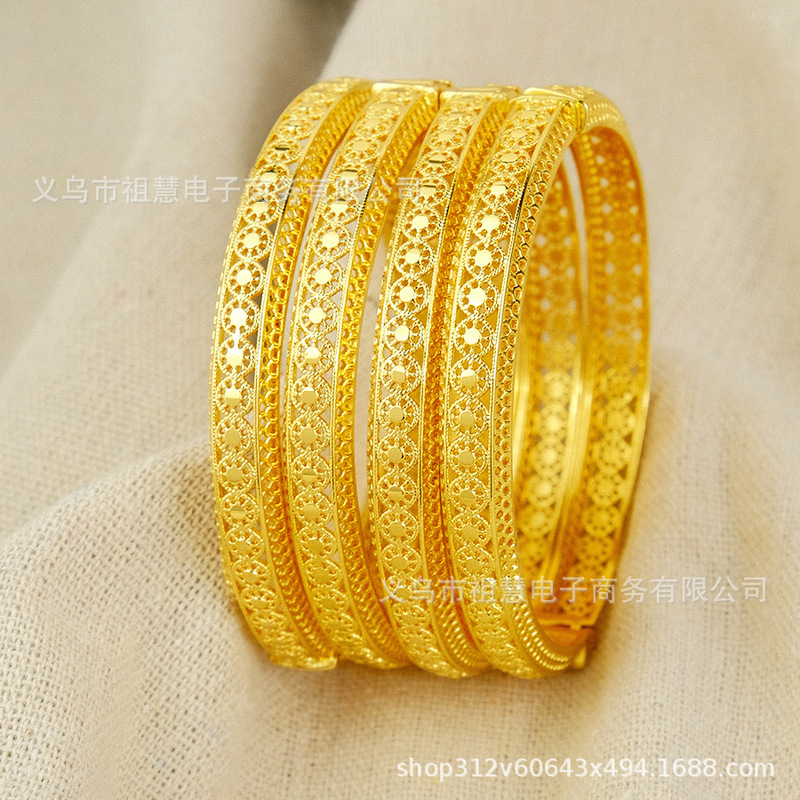 Ethiopian Jewelry Round Gloss Hollow Pattern Design Women's Gold Bracelet Dubai African Bracelet Gift