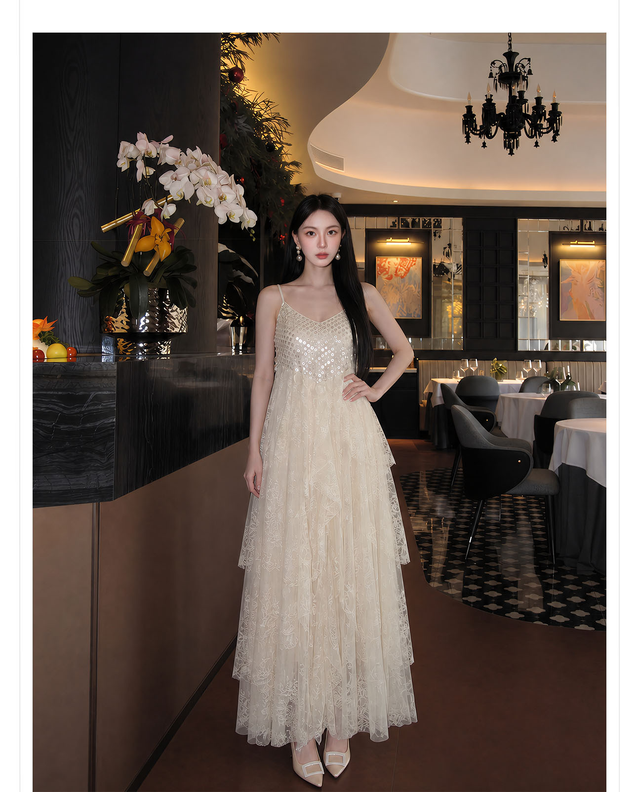 Đầm maxi nữ thắt eo thiết kế tân cổ điển ren xếp tầng đính hạt — màu trắng ngà chi tiết 2