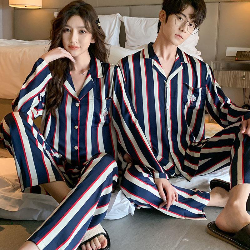 Couple pajamas Ice Silk woman Spring and Autumn long sleeves striped cartoon thin family clothing men's sense of silk suit