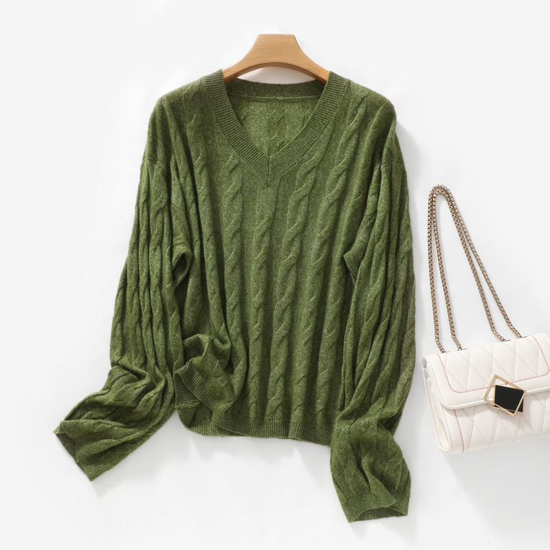 The silky smoothness of mulberry silk combined with the softness of cashmere! Double-ply thick simple V-neck wool sweater for women, pullover cable knit sweater The silky smoothness of mulberry silk combined with the softness of cashmere! Double-ply thick simple V-neck wool sweater for women, pullover cable knit sweater