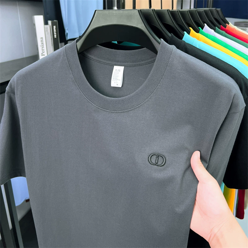 Новая летняя хлопковая мужская футболка с короткими рукавами и высококачественной вышивкой, круглым вырезом, впитывающая пот, дышащая футболка с половиной рукавов, повседневный универсальный топ