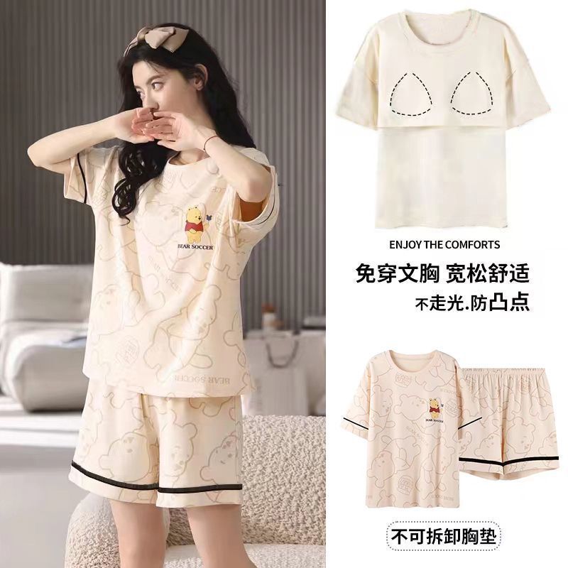 Women's Summer Pajamas, 100% Pure Cotton Short-Sleeve Shorts, 2026 New Thin Style with Chest Pads, Summer Pullover Loungewear