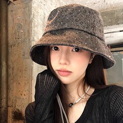 日系大头围小众亮片豹纹渔夫帽女春夏季百搭素颜盆帽显脸小水桶帽