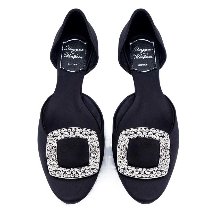 2025 новая женская обувь RV прилив весной дикие сандалии шелковые атласные металлические квадратные пряжки неглубокие студенческие плоские сумки на каблуках