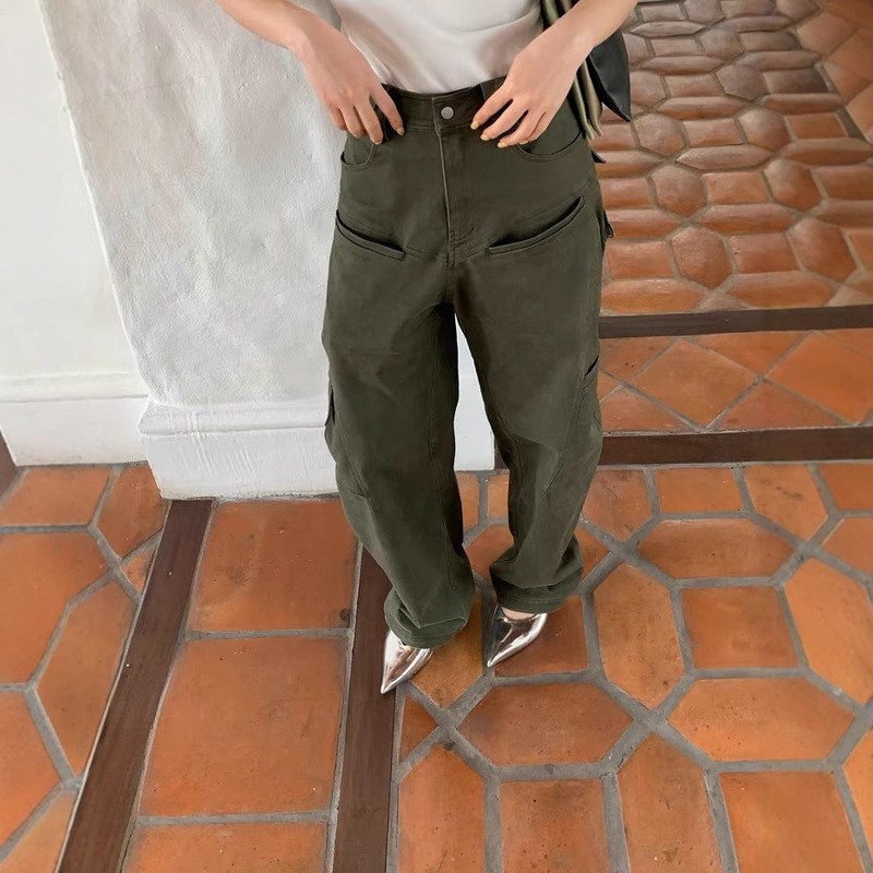 New Cotton Wide Leg Loose Retro Casual Unisex Slimming Multi-Pocket Profile Work Trousers Women's 3302