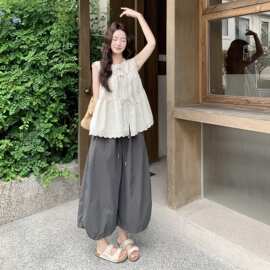 韩系花边系带无袖娃娃衫套装女2026夏新款松弛感休闲阔腿裤两件套