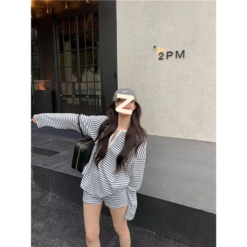 黑白条纹宽松长袖T恤上衣慵懒休闲套装女夏季高腰直筒短裤两件套