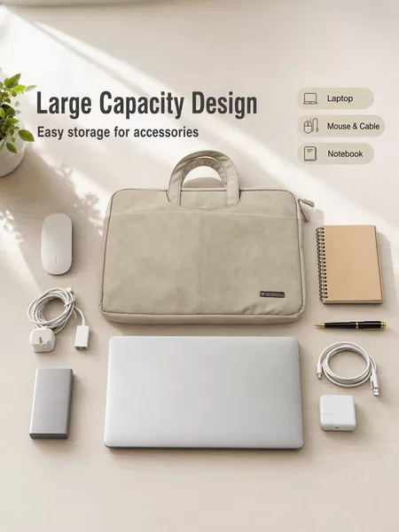 Business laptop bag, featuring a suede exterior, shock-absorbing inner lining, and large capacity for organizing documents, suitable for Apple laptops