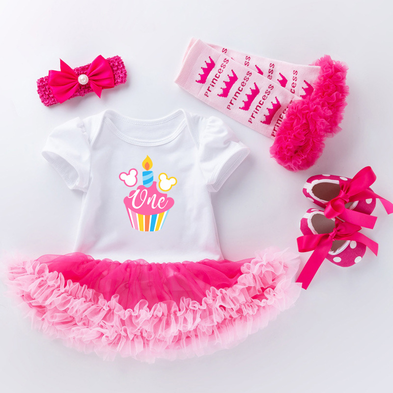 New Baby Girl One Year Birthday Dress Cartoon Birthday Cake Princess Dress Shoes and Socks Combination Set Baby and Toddler Clothing