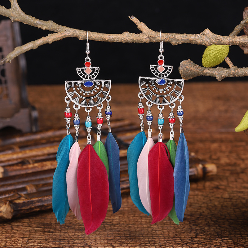 Fashion Feather Earrings Women's Beads Tassel Long Bohemian Jewelry display picture 5