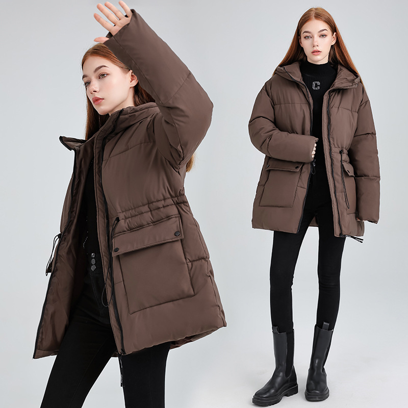 Mid-Length Cotton Jacket for Women, Workwear Style, 2025 Winter New Hooded Model with Large Pockets, Warm and Thickened Cotton Coat, Trendy