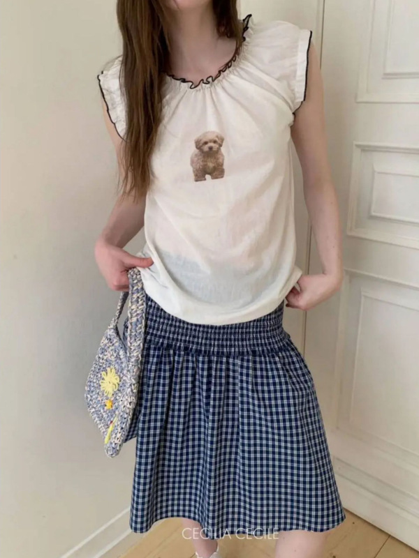 25SSYBオープン/ニッチデザインから始める 90% off ENG韓国風サマーリナ・ユナイ同風子犬プリントTシャツ|undefined