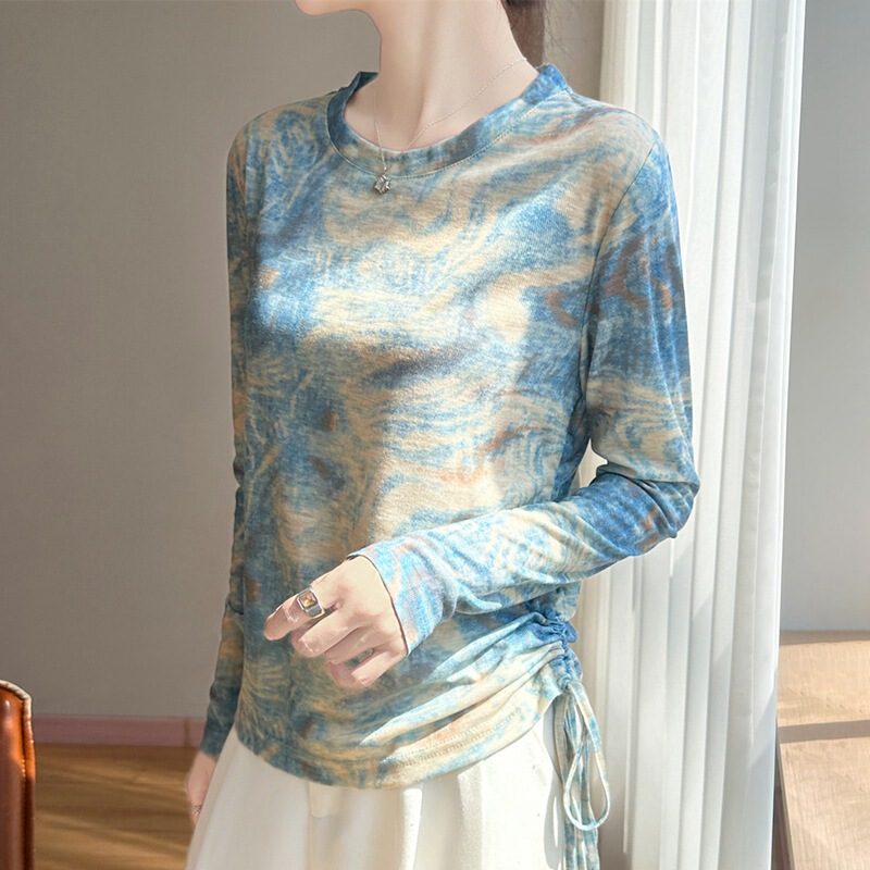 Ink-Style Printed Long-Sleeved T-Shirt for Women, Thin Round-Neck Base Layer, Fashionable Drawstring Waist Knitwear, Spring and Summer Sun Protection Shirt