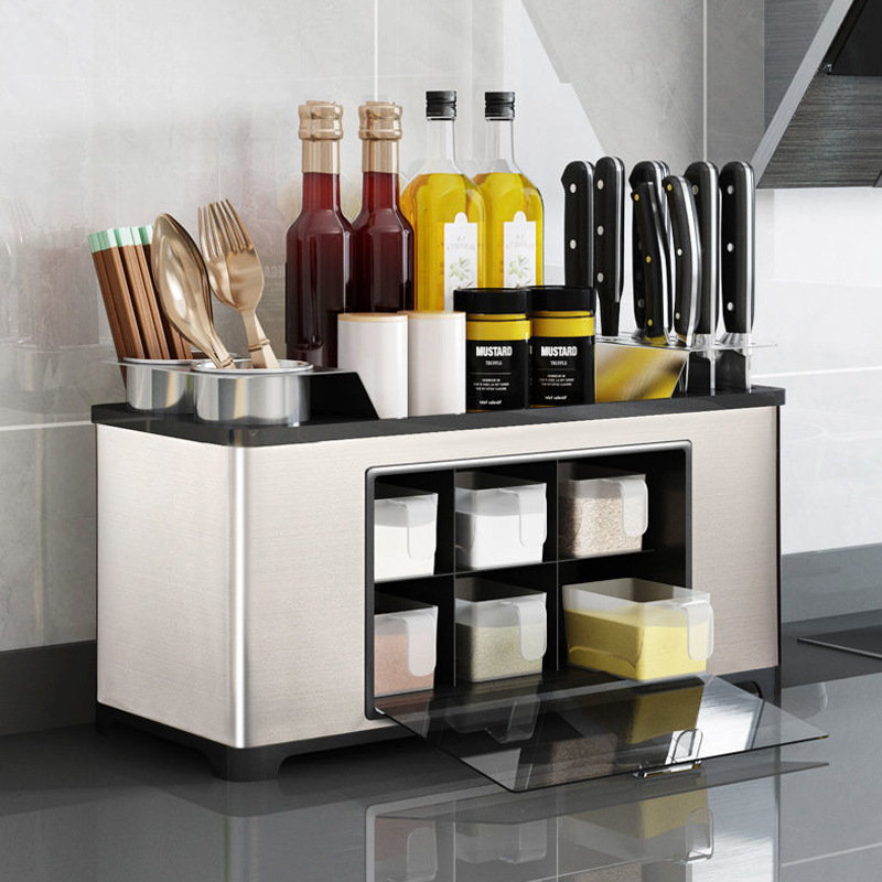 Stainless steel kitchen rack spice storage box installation-free chopsticks knife holder spice bottle storage rack