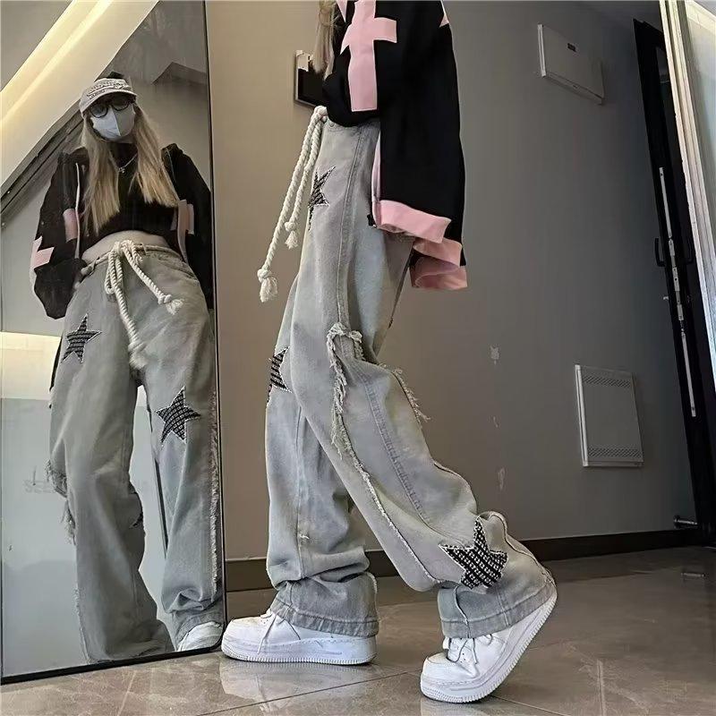 High Street Flared Ripped Light Blue Jeans Couple Loose Patchwork Casual Pants Men Hip Hop 2025 Trend_viptrois.com
