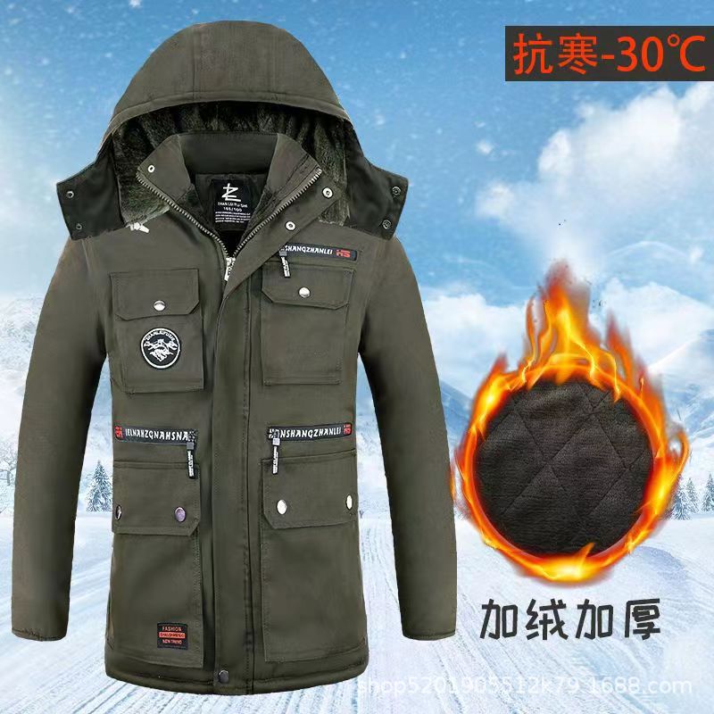 Invierno militar verde agua lavada ropa de algodón con sombrero de vello, ropa de algodón caliente, ropa de algodón de bolsillo, ropa de algodón de protección contra el frío