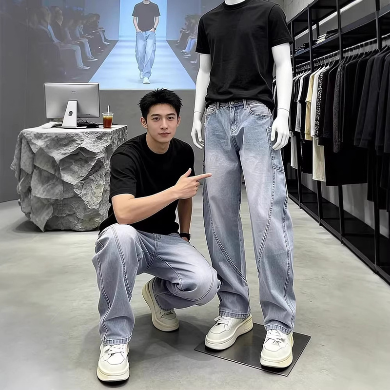Washed Blue Slim Fit Curved Hem Jeans for Men, Spring American Style Cool Pants, Xintang Harem Work Pants Wholesale Washed Blue Slim Fit Curved Hem Jeans for Men, Spring American Style Cool Pants, Xintang Harem Work Pants Wholesale