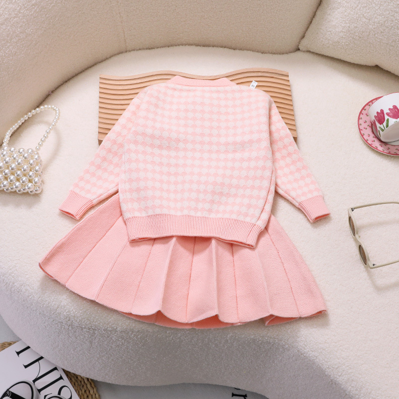 2023 Autumn/Winter New Children's Sweater Girl's Fragrant Knitted Cardigan Short Skirt Baby Two Piece Set_voghion.com