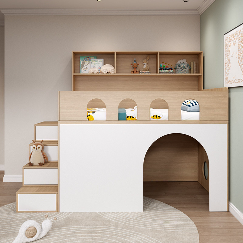 Children's Secret Base: Bundled Bed with Under-Cabinet Storage, High-Rise Bed for Boys and Girls, Half-High Bed with Under-Cabinet Space
