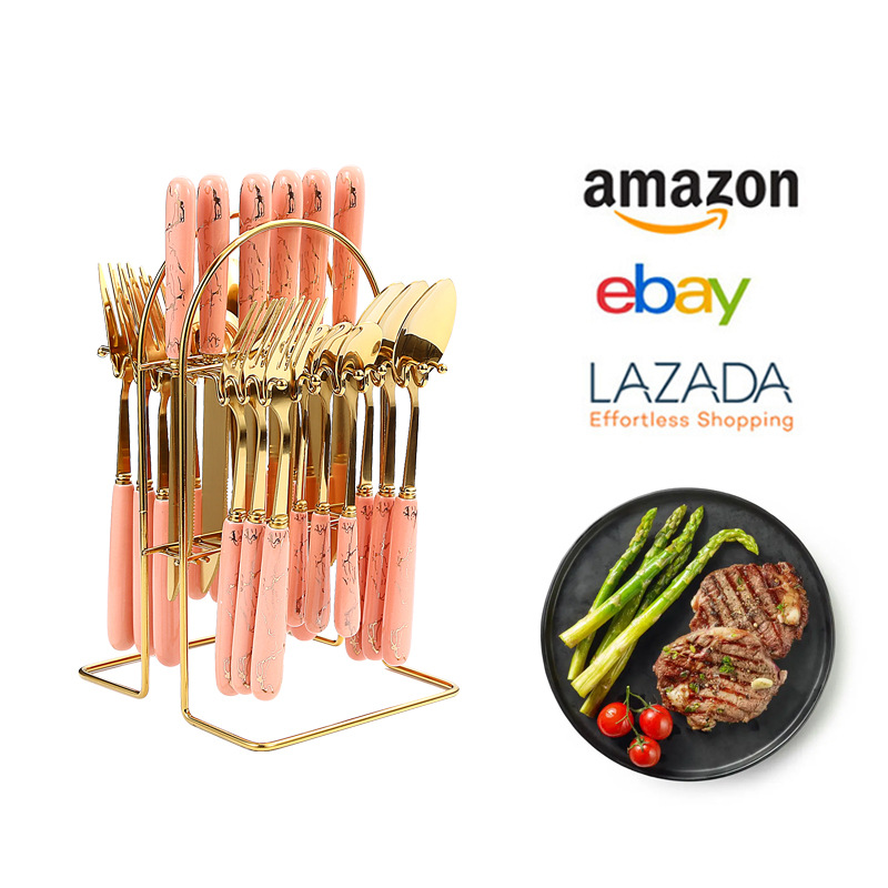 Amazon Tik Tok popular Luz de lujo de cerámica manejar cuatro piezas principales vajilla de acero inoxidable 24 piezas traje de cuchillos, tenedores y cucharas