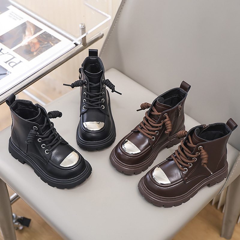 2024 Neue koreanische Mode Plüsch Martin Mädchen Mid Top Kurze Stiefel, Flache Unterseite Mittlere Größe Kinder Casual Baumwollstiefel_voghion.com