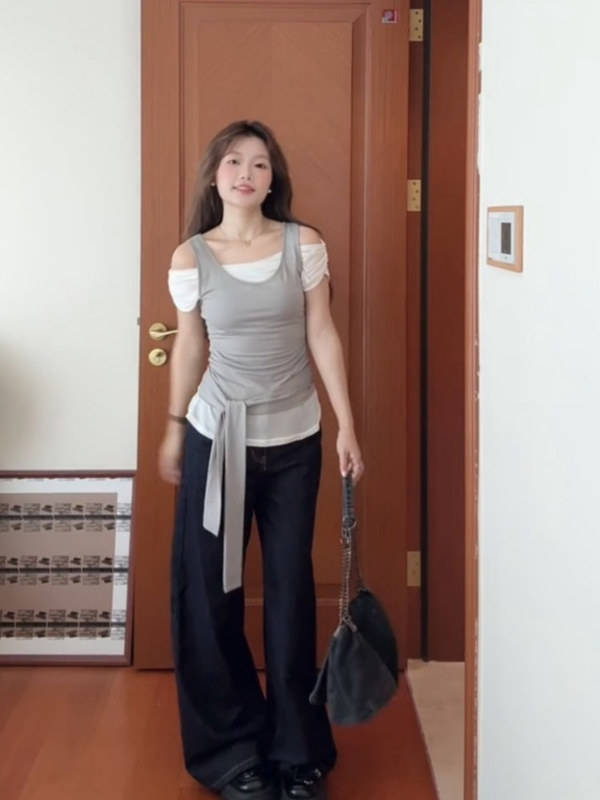 韩系一字露肩假两件短袖t恤女夏季设计感辣妹修身收腰绑带上衣ins|undefined