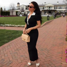 2024翻领修身显瘦气质拼接撞色包臀短袖长款单排扣针织连衣裙女