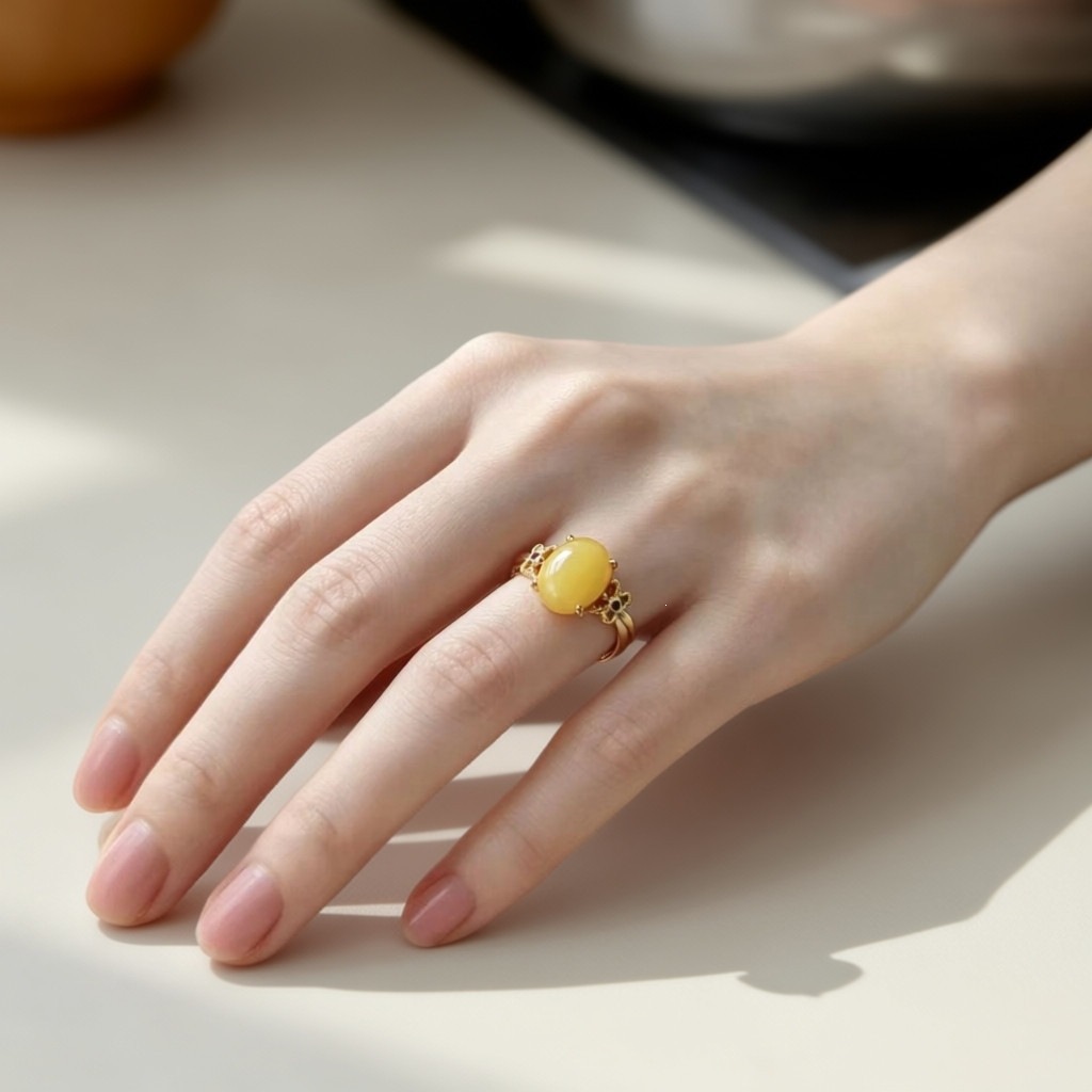 Natural amber ring for women, chicken oil yellow cabochon, light luxury niche design, adjustable size, gift for mom