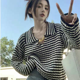 设计感翻领条纹毛衣女2023早春新款慵懒风法式小众翻领针织衫百搭