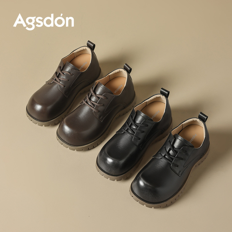 Augu Shi Deng zapatos de cuero negro para mujeres 2025 nuevo otoño británico lazos Lefour zapatos de sola gruesa zapatos de viaje único